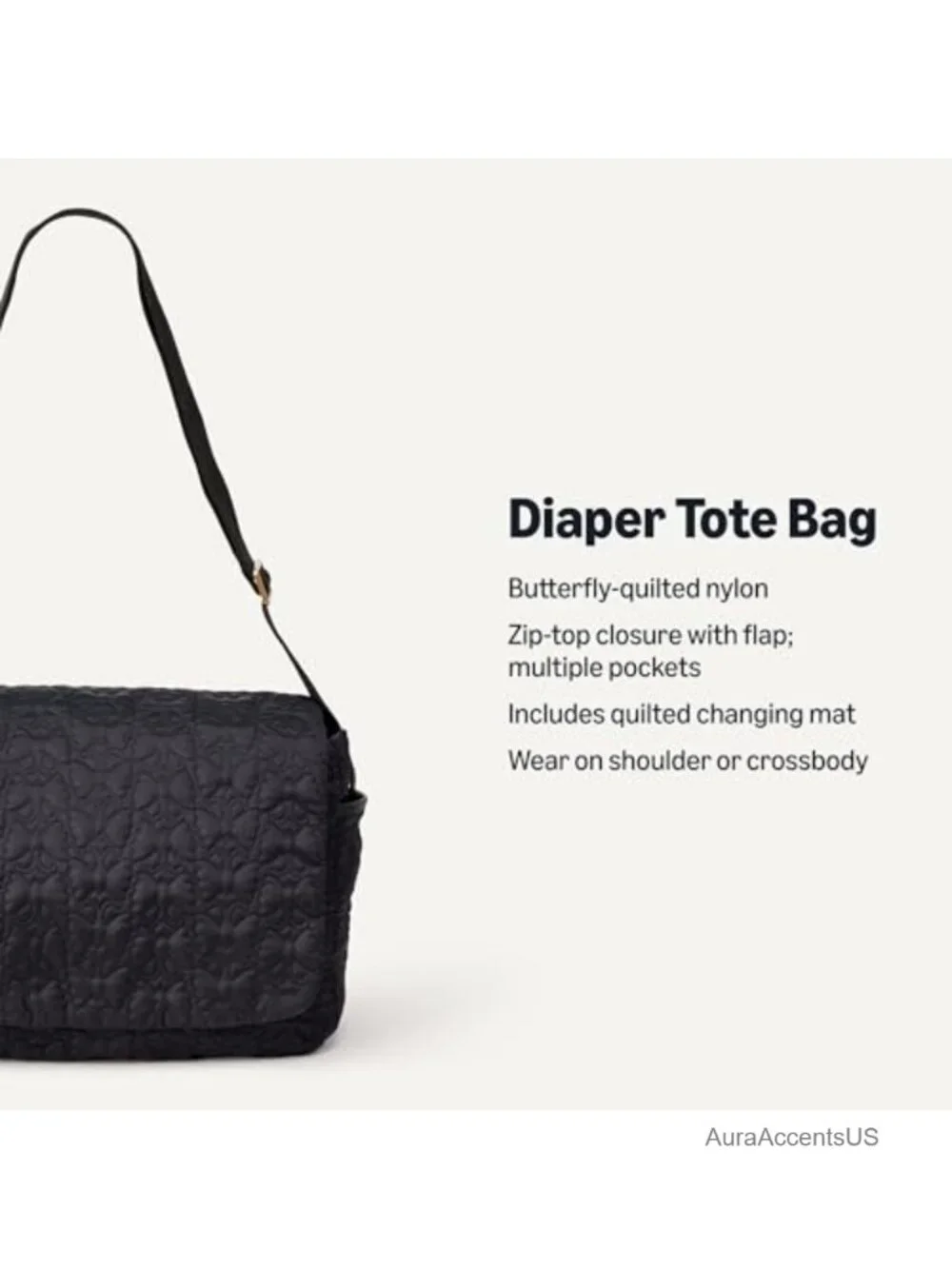 Quilted Nylon Diaper Tote Bag with Multiple Pockets, Zip-top Closure with Flap,